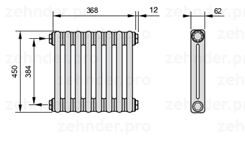 Схема (чертеж) Радиатор Zehnder Charleston 2045/8 №1270 Белый глянцевый RAL 9016